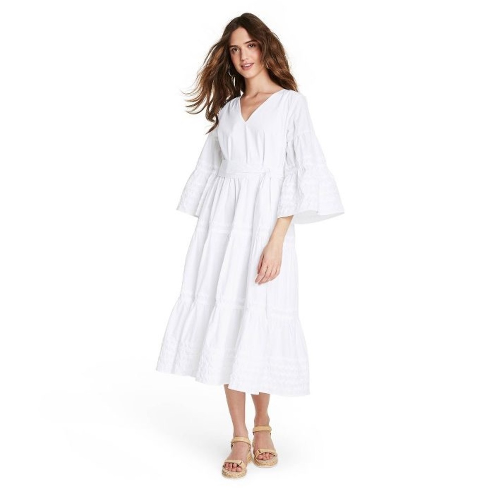 White Ric Rac Flare Sleeve Dress